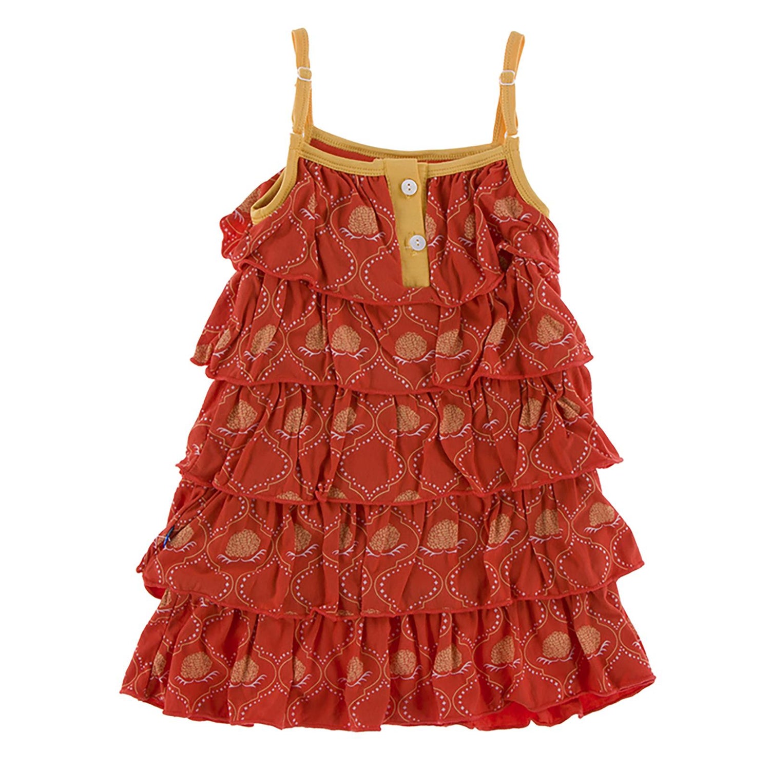 Print Tiered Ruffle Dress in Poppy Marigold Lattice (359014)