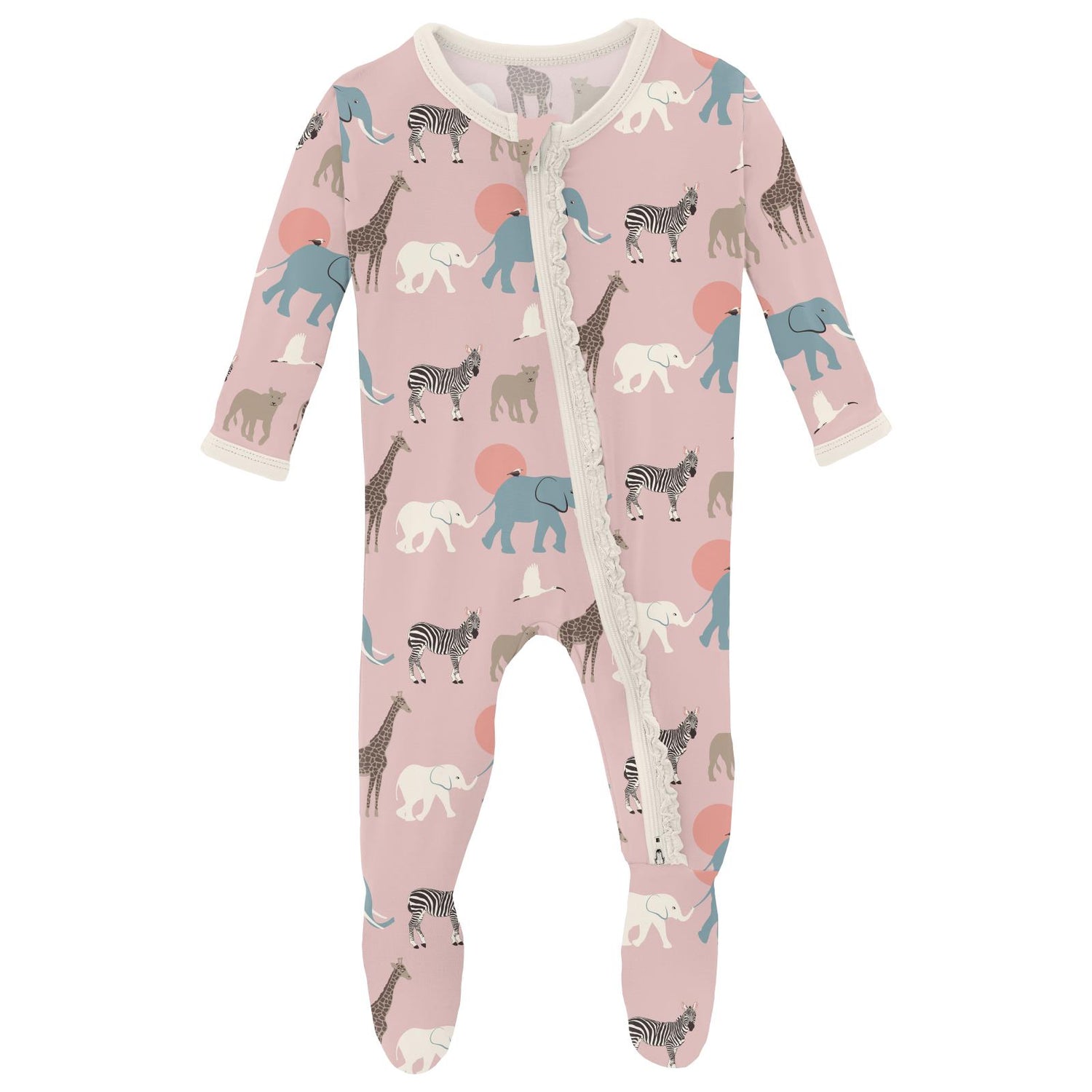 Print Muffin Ruffle Footie with 2 Way Zipper in Baby Rose Just So Animals