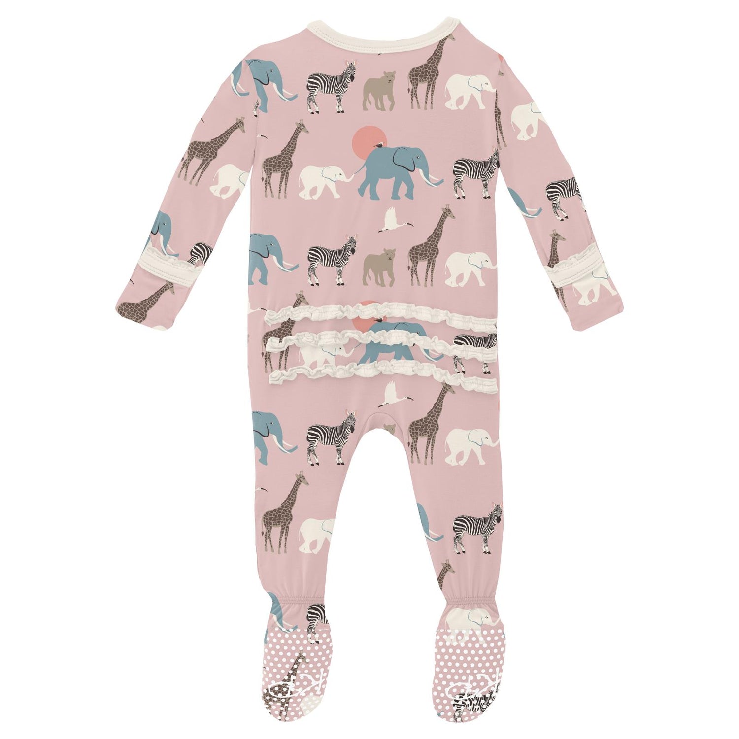 Print Muffin Ruffle Footie with 2 Way Zipper in Baby Rose Just So Animals