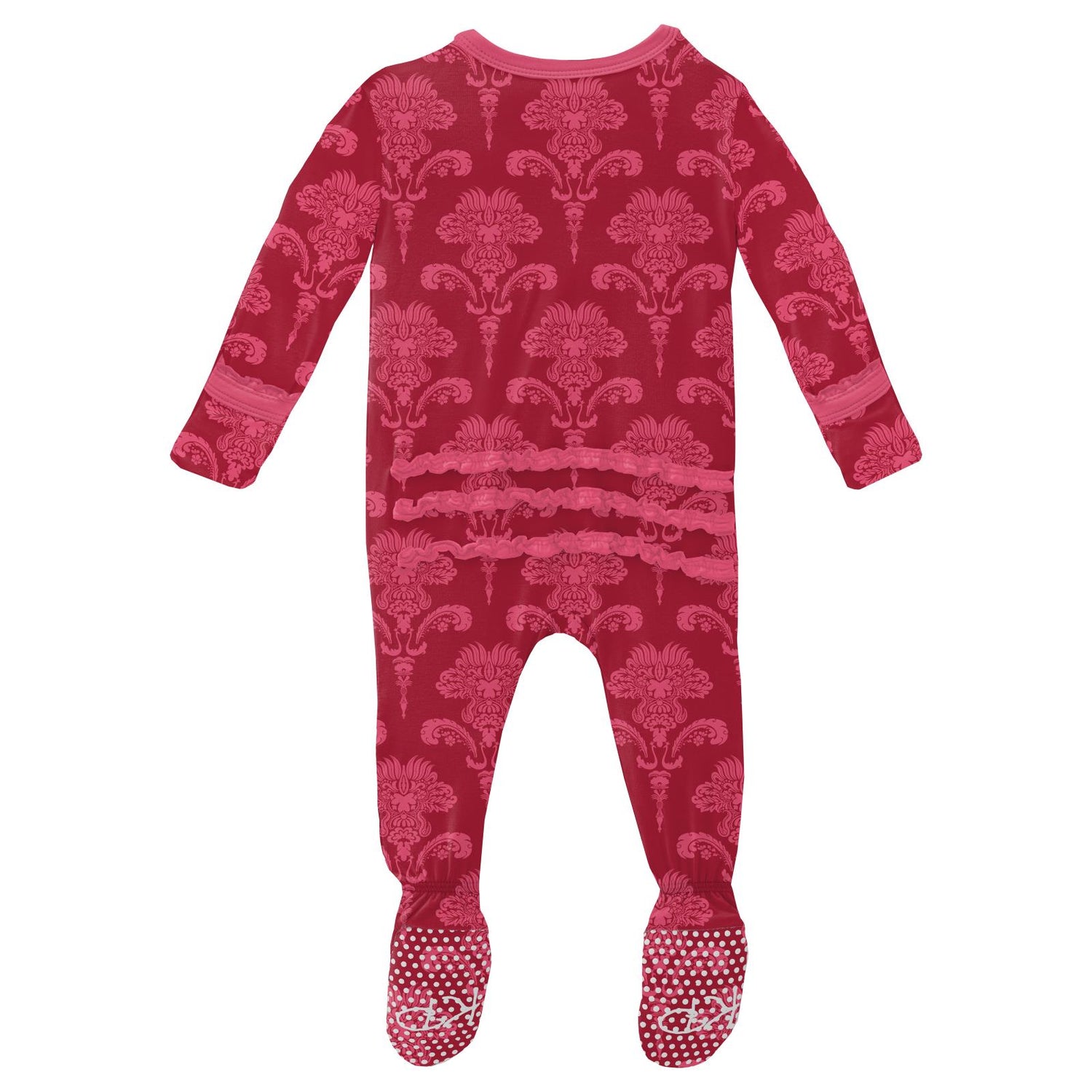 Print Muffin Ruffle Footie with 2 Way Zipper in Crimson Damask