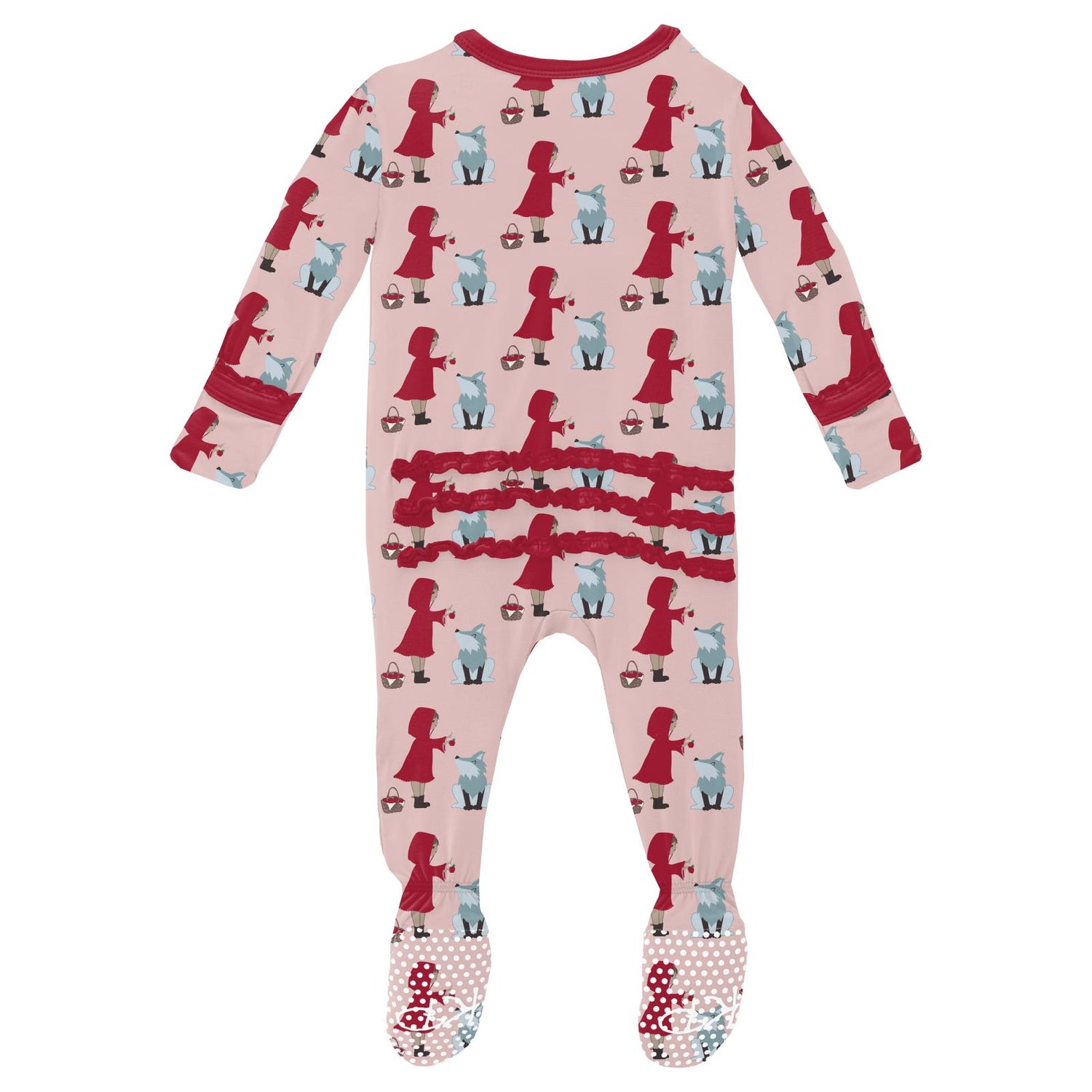 Print Muffin Ruffle Footie with 2 Way Zipper in Baby Rose Little Red Let's Be Friends