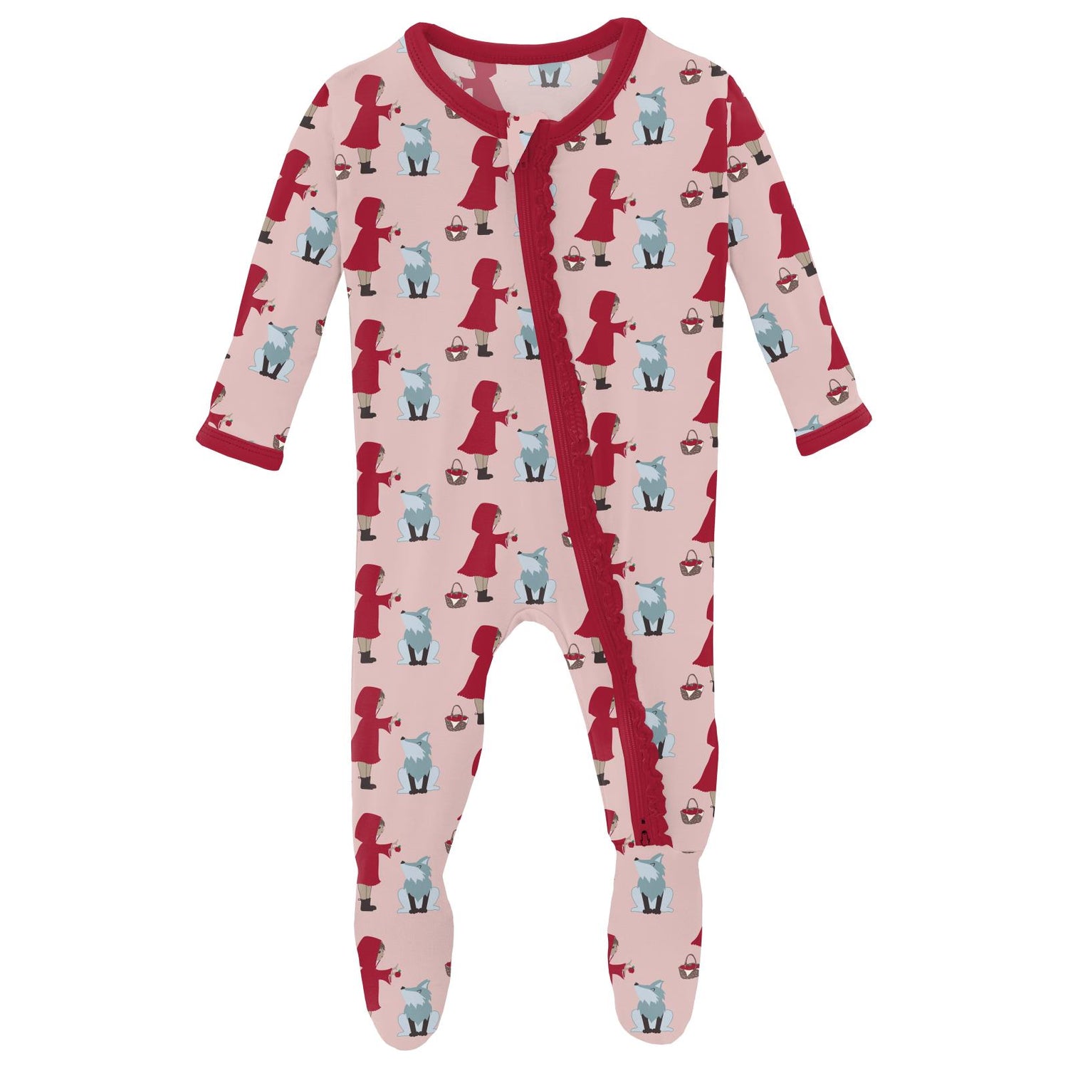 Print Muffin Ruffle Footie with 2 Way Zipper in Baby Rose Little Red Let's Be Friends