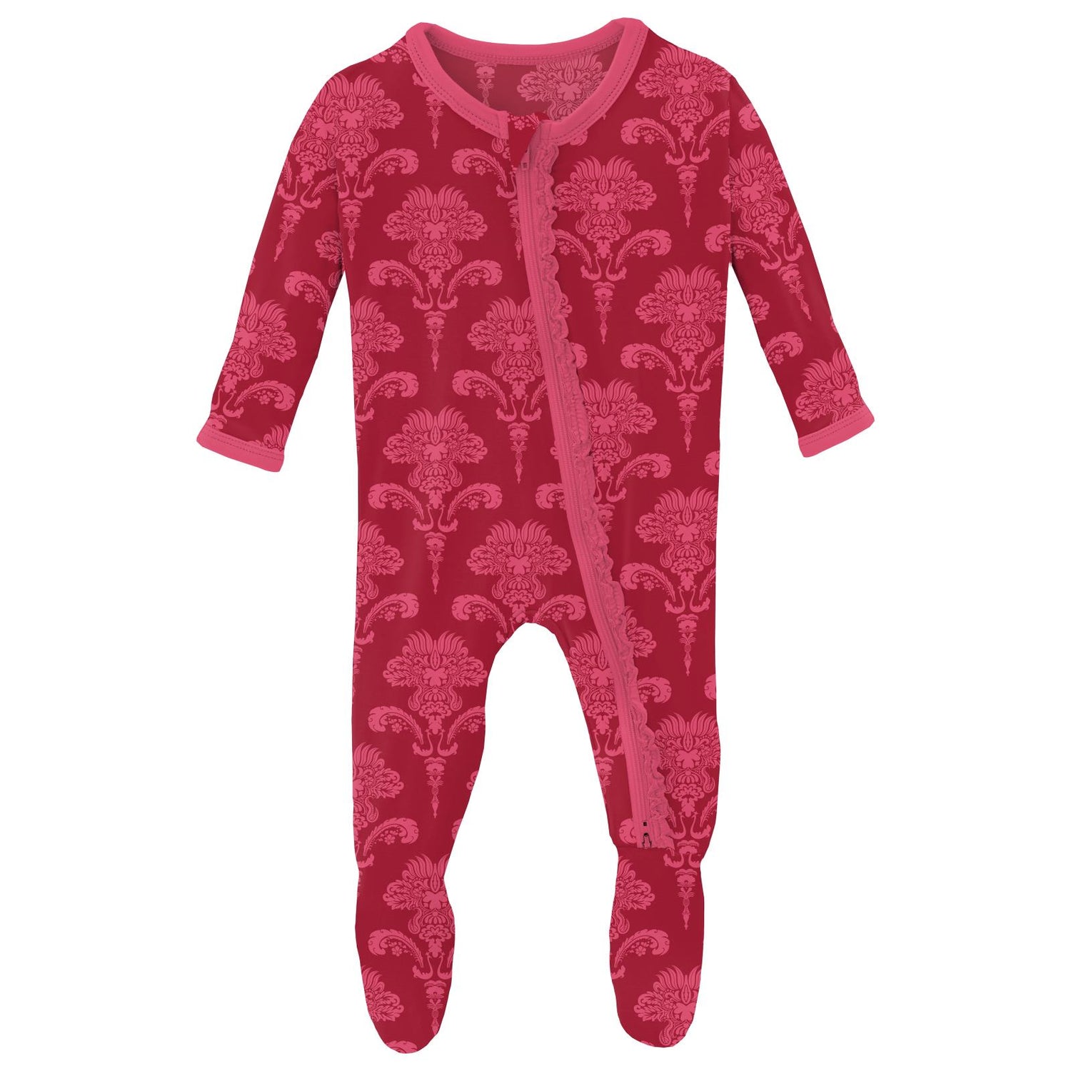 Print Muffin Ruffle Footie with 2 Way Zipper in Crimson Damask