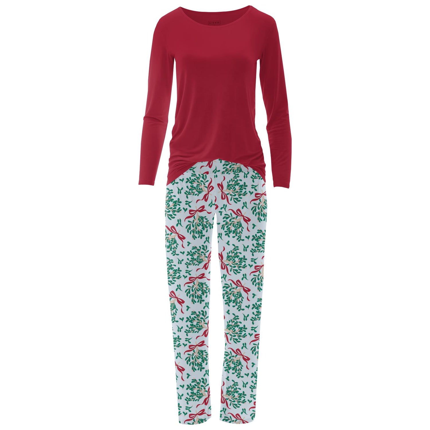 Women's Print Long Sleeve Relaxed Tee & Pajama Pants Set in Illusion Blue Mistletoe & Ribbons