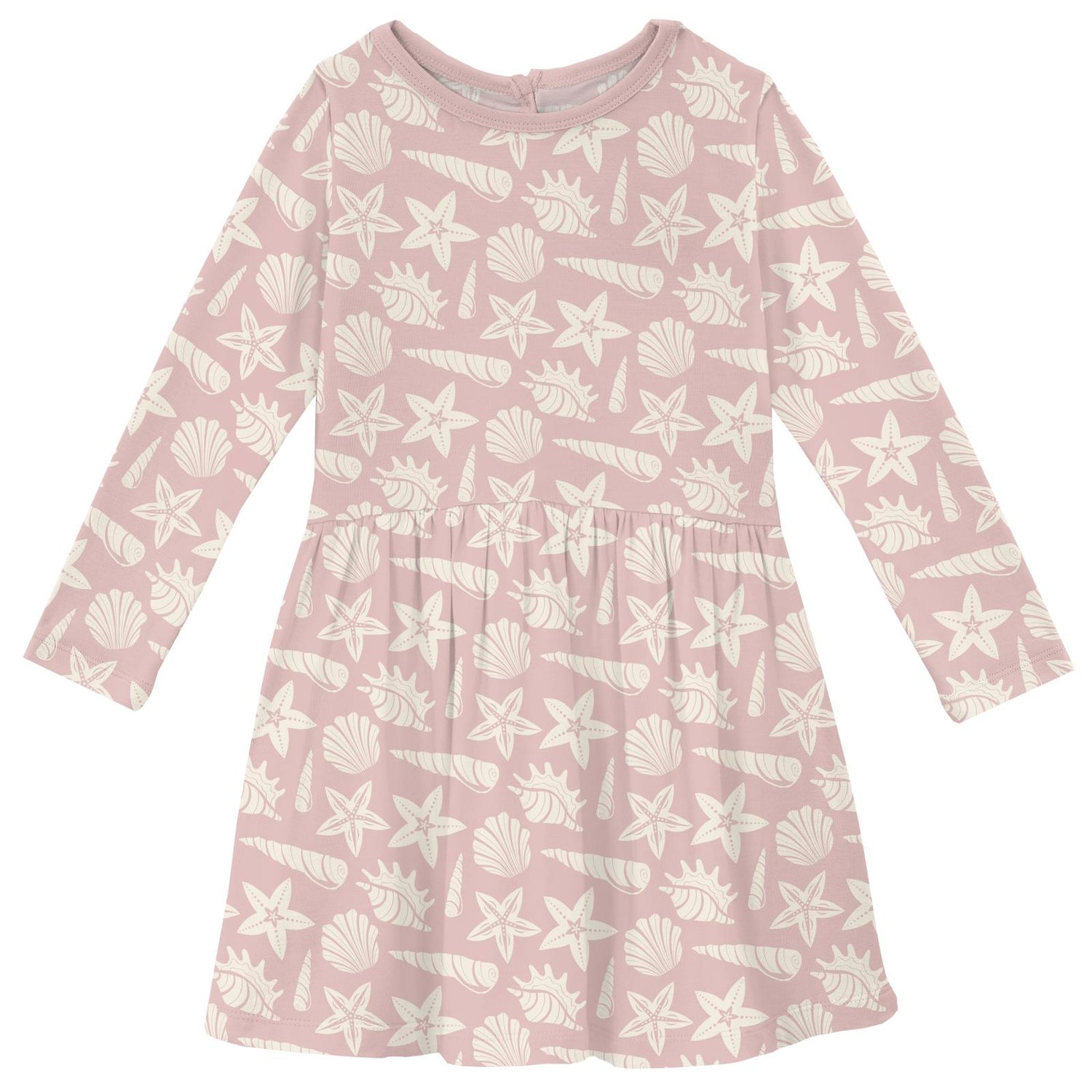 Print Long Sleeve Twirl Dress with Pockets in Baby Rose Shells & Starfish