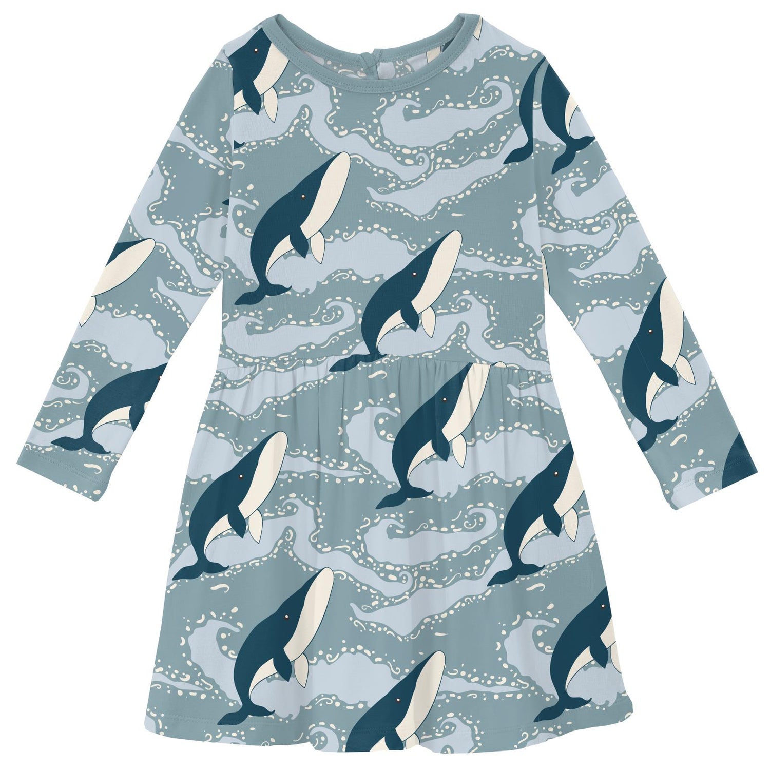 Print Long Sleeve Twirl Dress with Pockets in Stormy Sea Splashing Whales