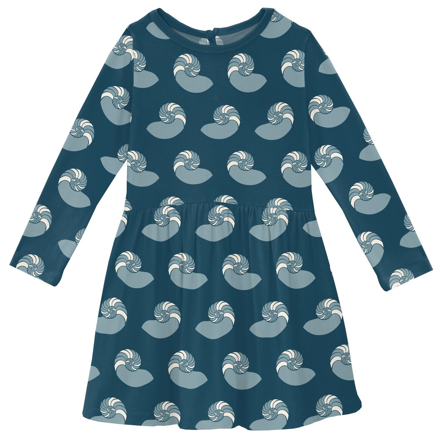 Print Long Sleeve Twirl Dress with Pockets in Peacock Nautilus