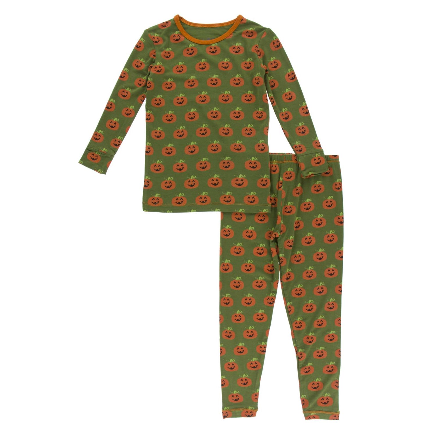 Print Long Sleeve Pajama Set in Moss Jack O'Lantern