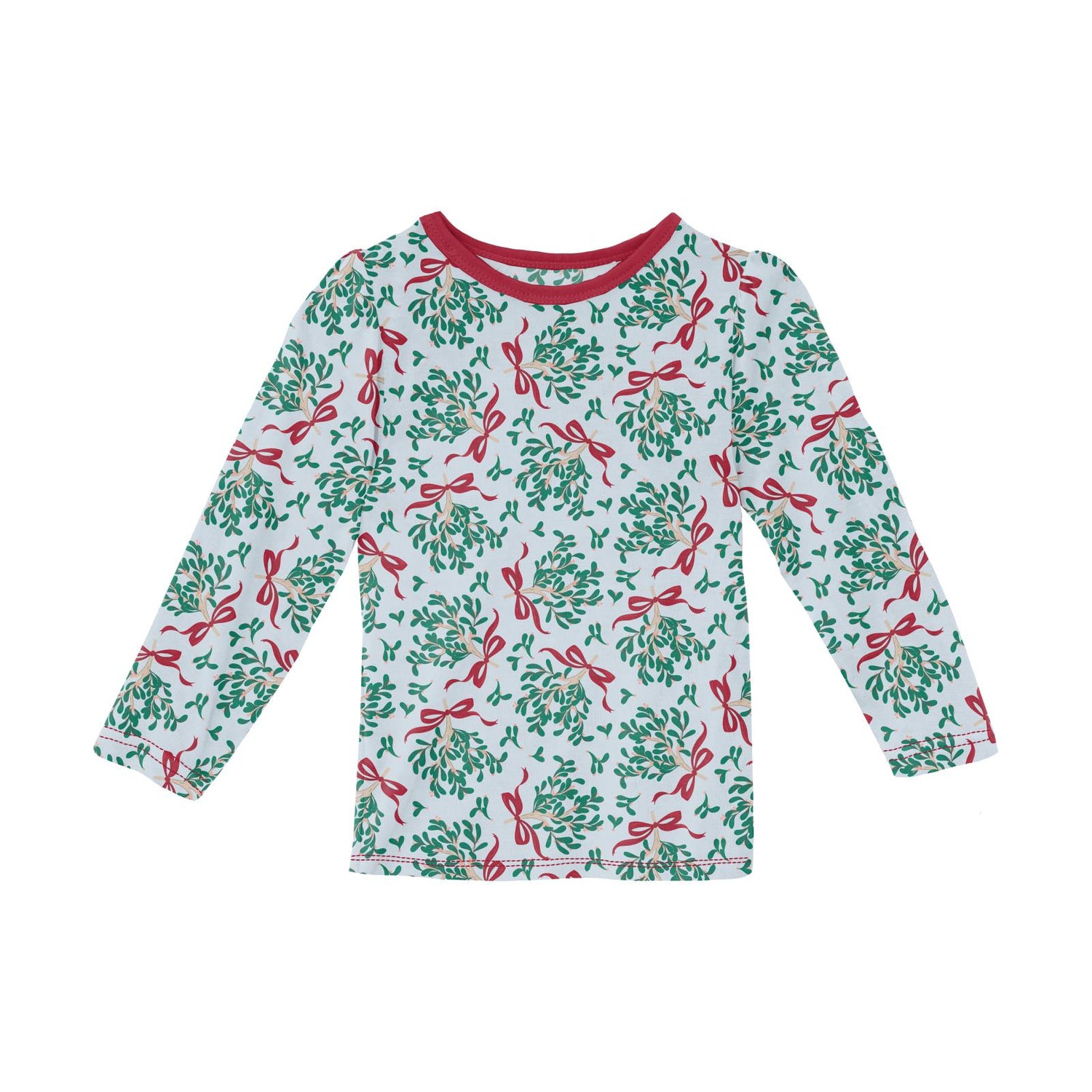 Print Long Sleeve Puff Tee in Illusion Blue Mistletoe & Ribbons