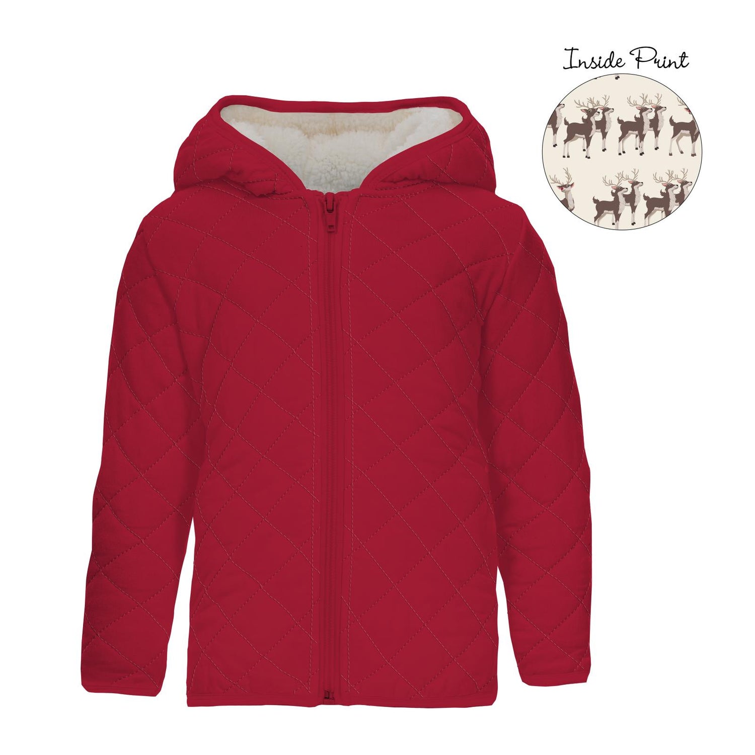 Print Quilted Jacket with Sherpa-Lined Hood in Crimson/Natural Rudolph