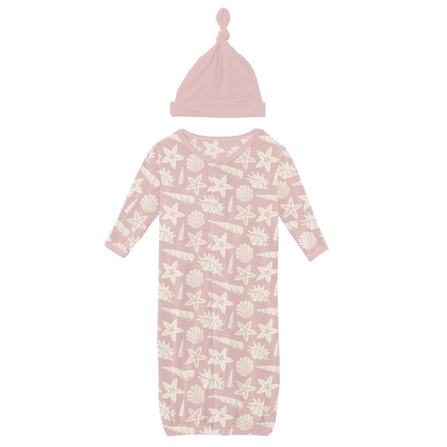 Print Layette Gown Converter & Single Knot Hat Set in Baby Rose Shells & Starfish