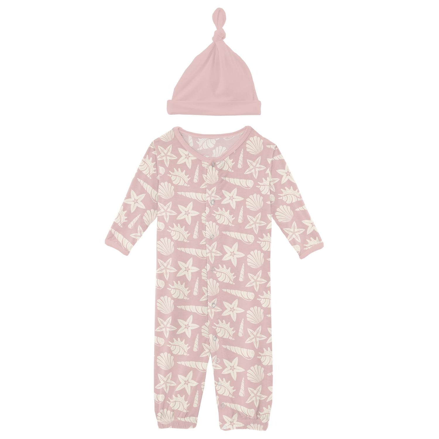 Print Layette Gown Converter & Single Knot Hat Set in Baby Rose Shells & Starfish