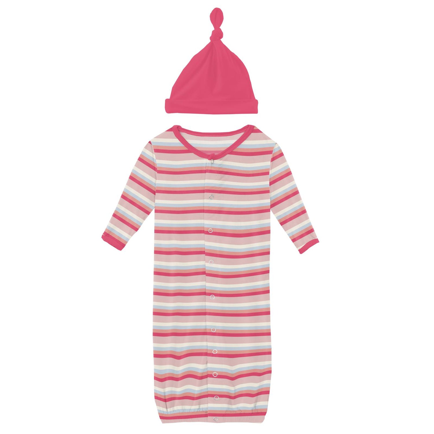 Print Layette Gown Converter & Single Knot Hat Set in Baby Rose Stripe