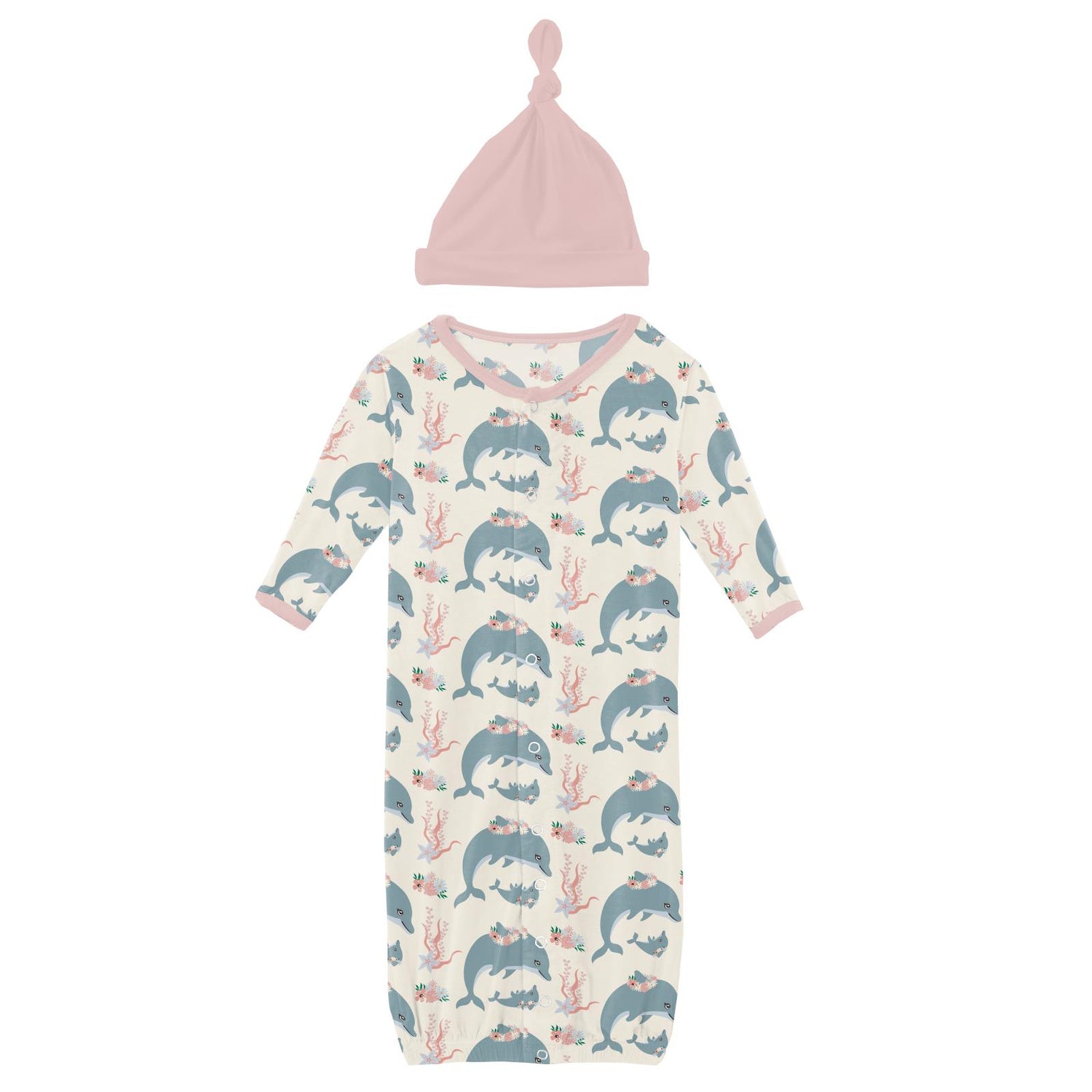 Print Layette Gown Converter & Single Knot Hat Set in Natural Dolphins