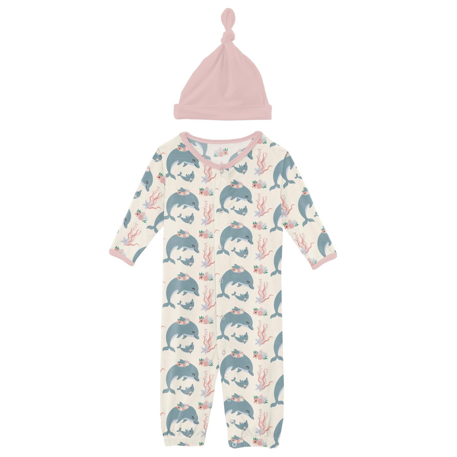 Print Layette Gown Converter & Single Knot Hat Set in Natural Dolphins