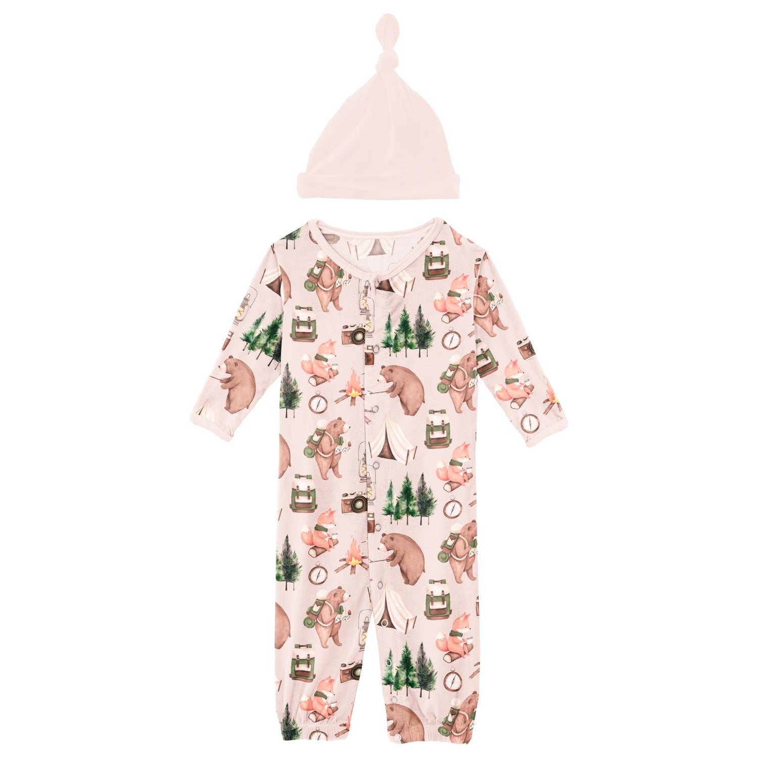 Print Layette Gown Converter & Single Knot Hat Set in Latte Camping Animals (320192)