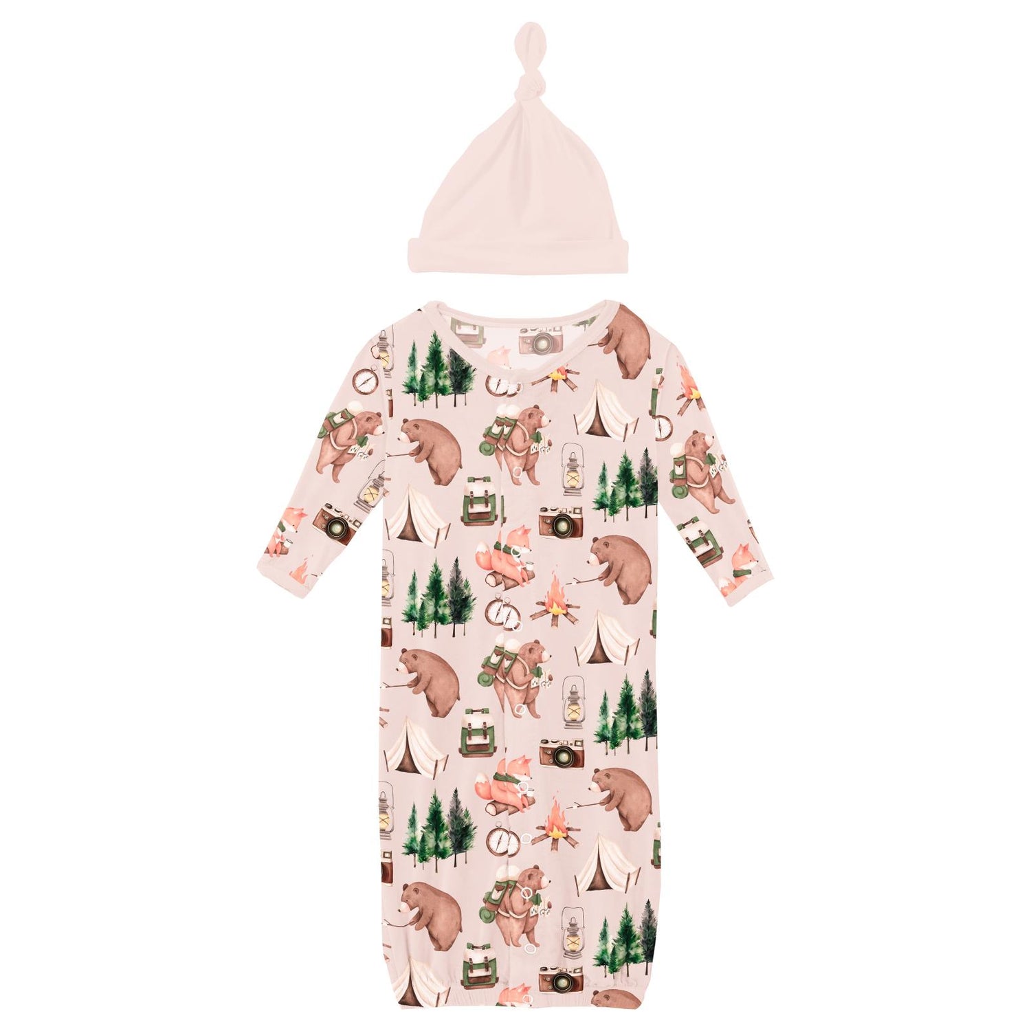 Print Layette Gown Converter & Single Knot Hat Set in Latte Camping Animals (320200)