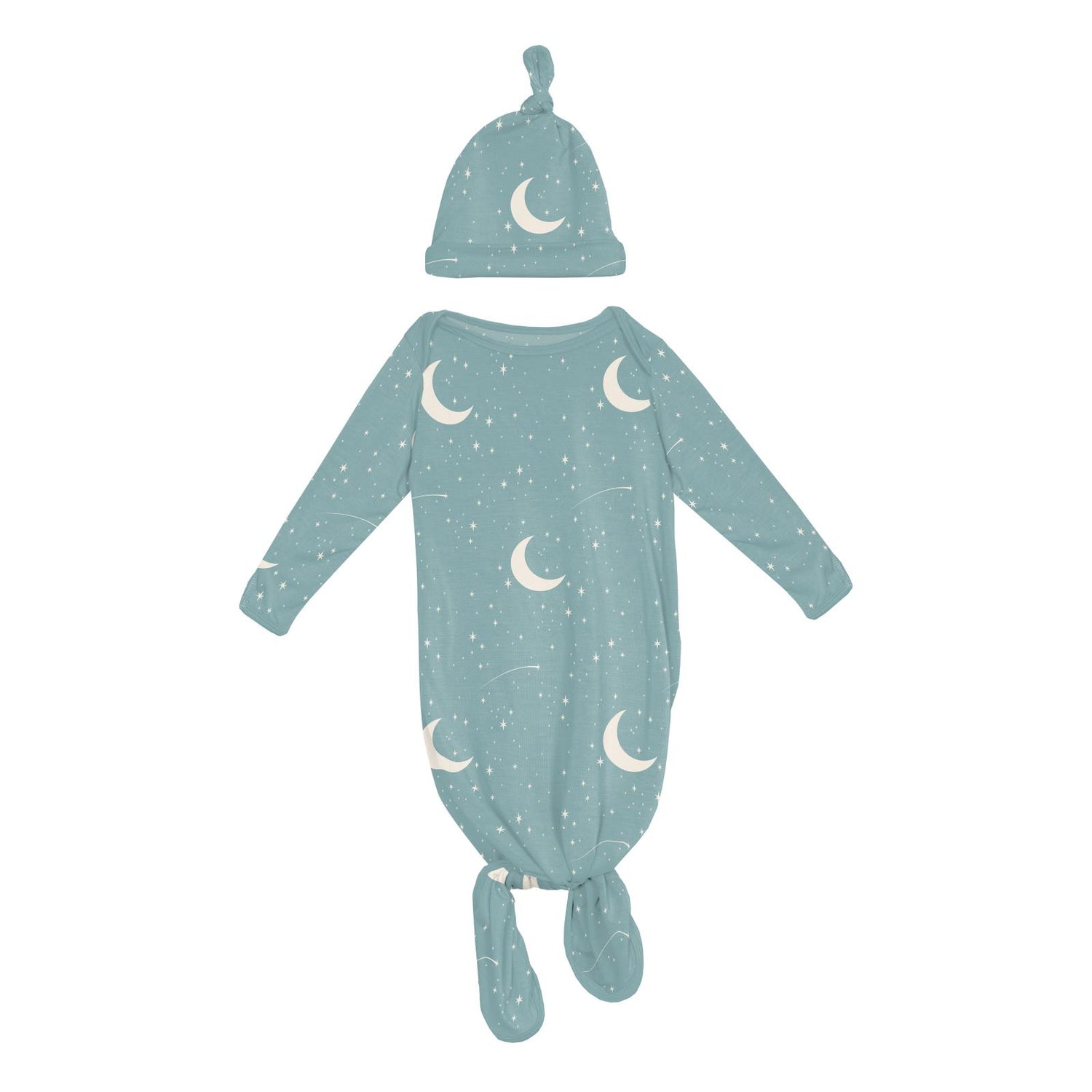 Print Knotted Layette Gown & Hat Set in Jade Starry Sky & Moon