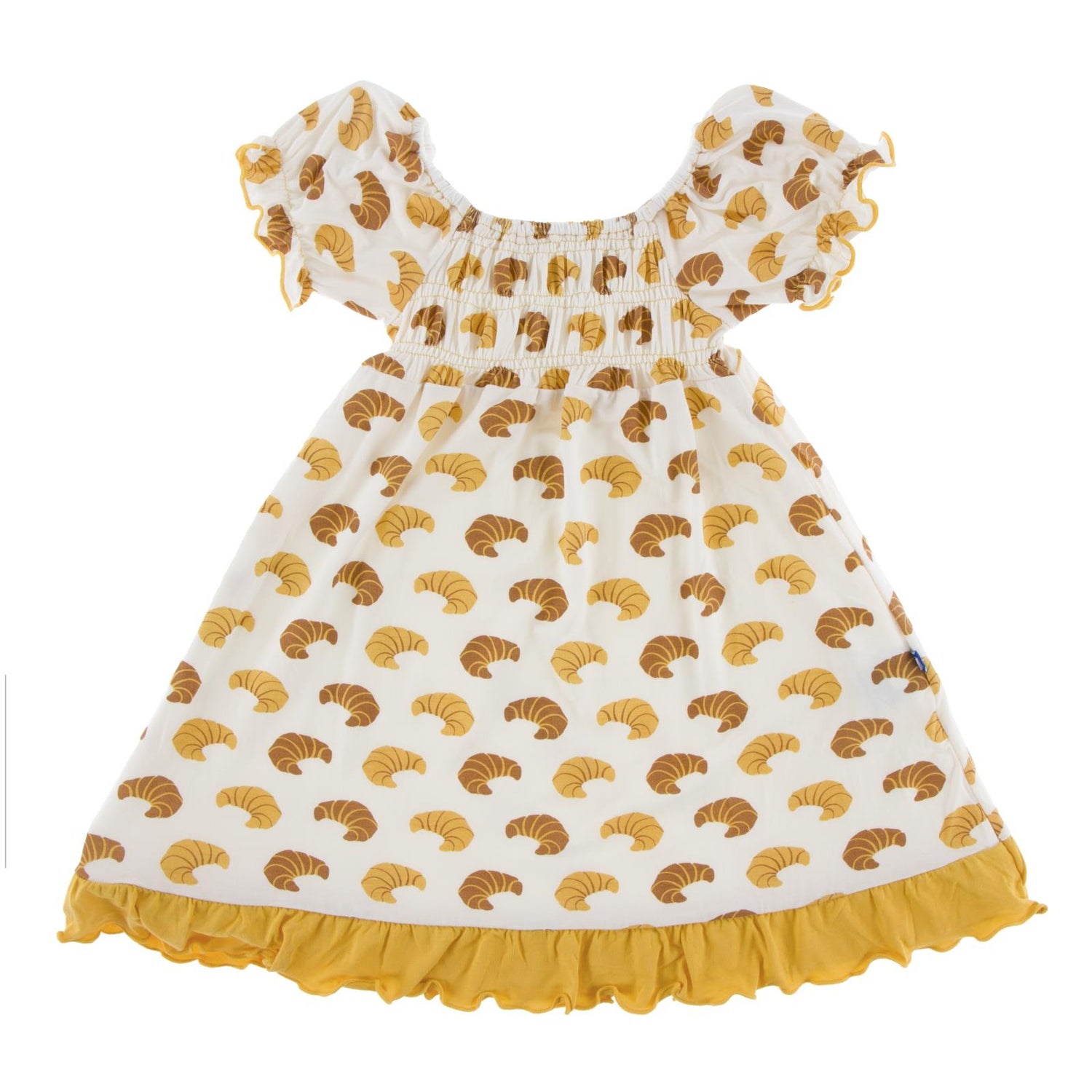 Print Short Sleeve Gathered Dress in Natural Croissant