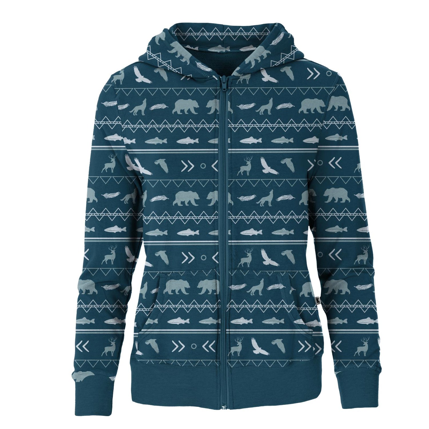 Women's Print Fleece Zip-Front Hoodie in Peacock Native Tribal Lore