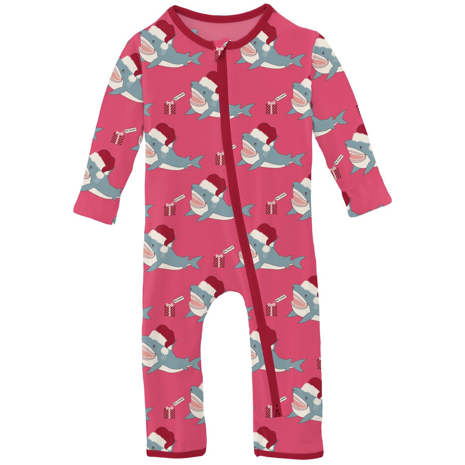 Print Coverall with 2 Way Zipper in Winter Rose Holiday Sharks