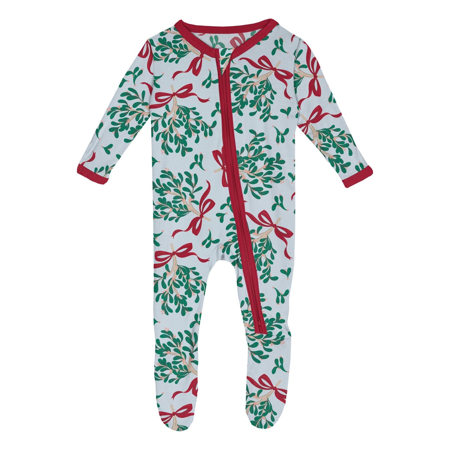 Print Footie with 2 Way Zipper in Illusion Blue Mistletoe & Ribbons