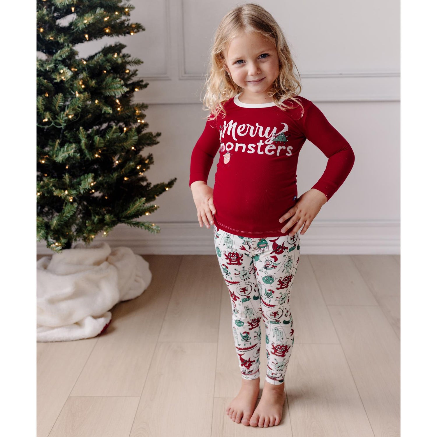 Long Sleeve Graphic Tee Pajama Set in Merry Monsters