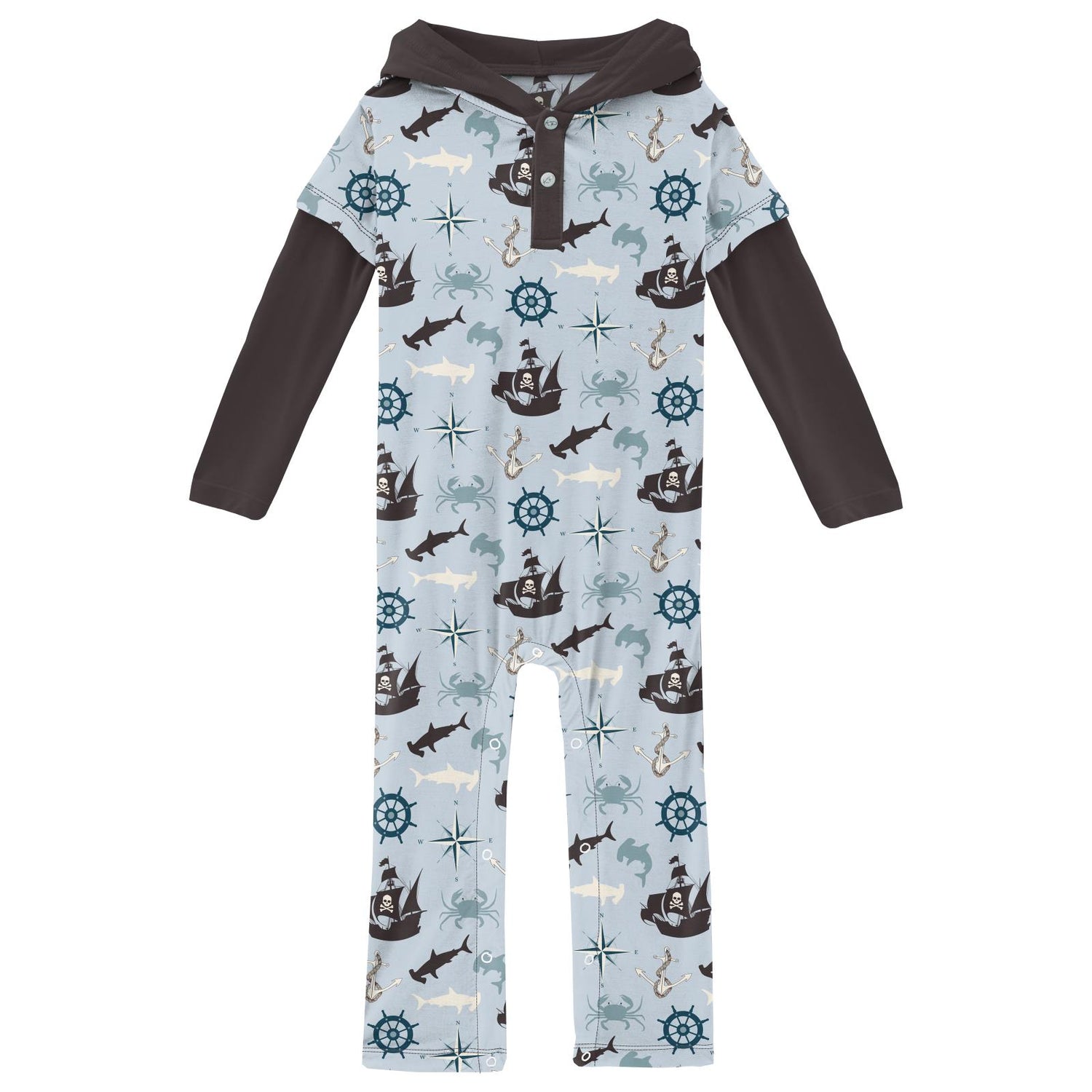 Print Long Sleeve Hoodie Romper in Illusion Blue Pirate Adventure