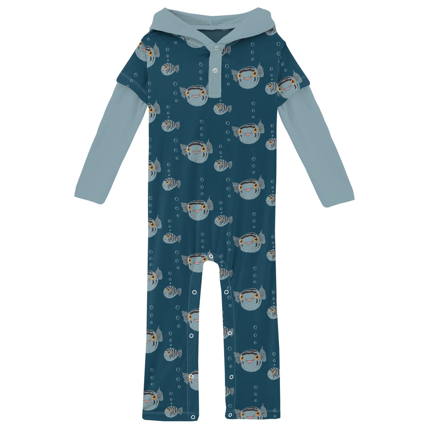 Print Long Sleeve Hoodie Romper in Peacock Puffer Family