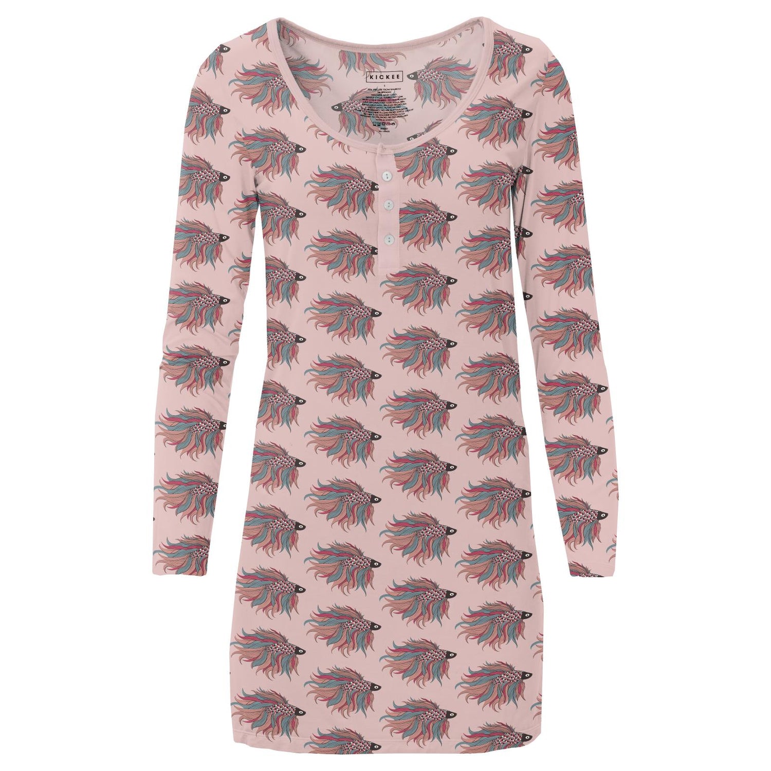 Women's Print Long Sleeve Nightshirt in Baby Rose Rainbow Fish