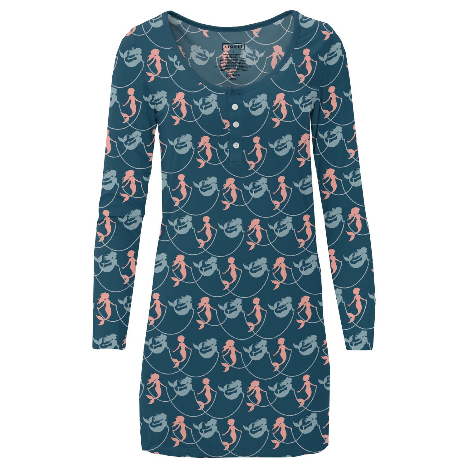 Women's Print Long Sleeve Nightshirt in Peacock Mermaids & Pearls