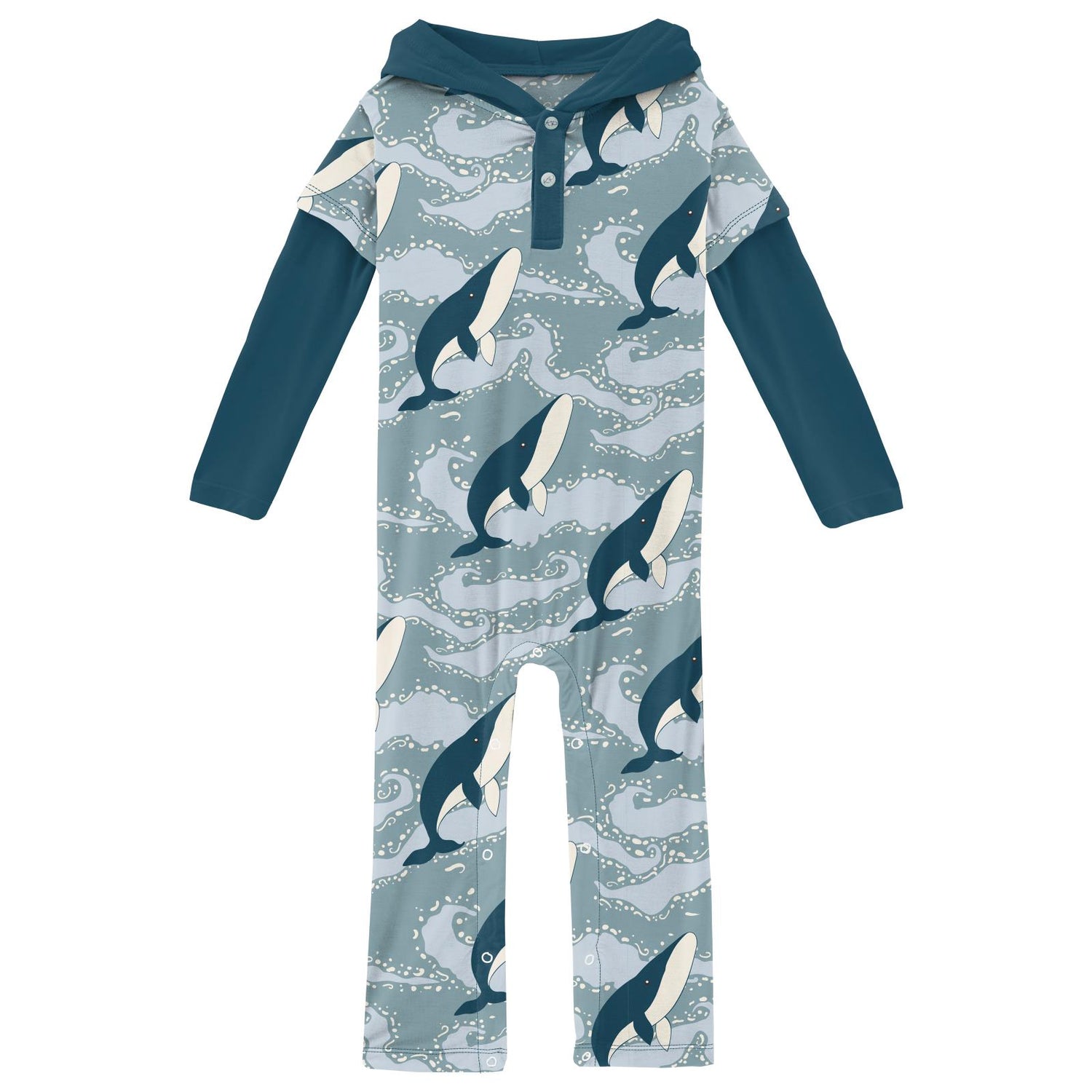 Print Long Sleeve Hoodie Romper in Stormy Sea Splashing Whales