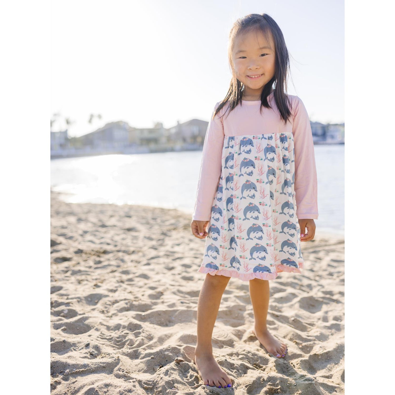 Print Classic Long Sleeve Swing Dress in Natural Dolphins