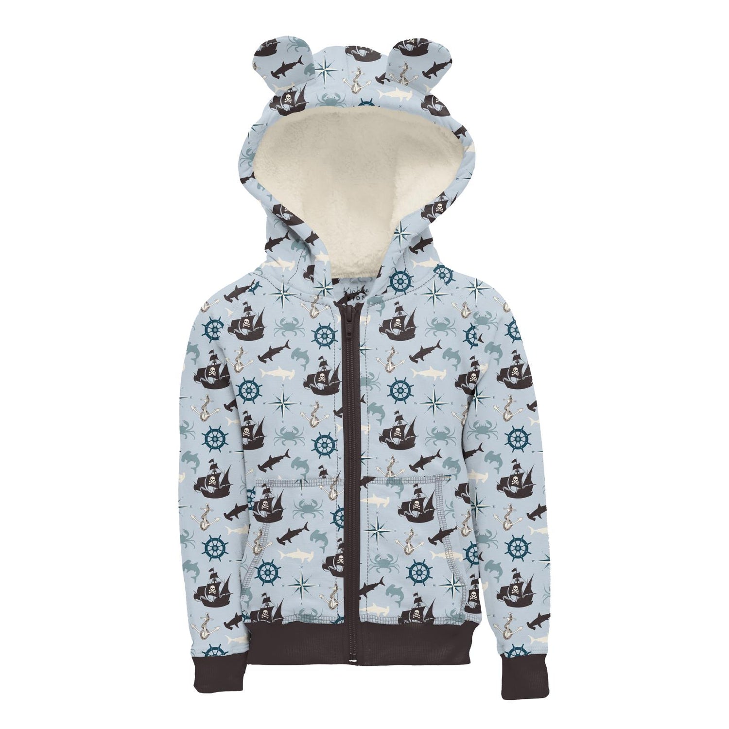 Print Fleece Zip-Front Hoodie with Ears in Illusion Blue Pirate Adventure