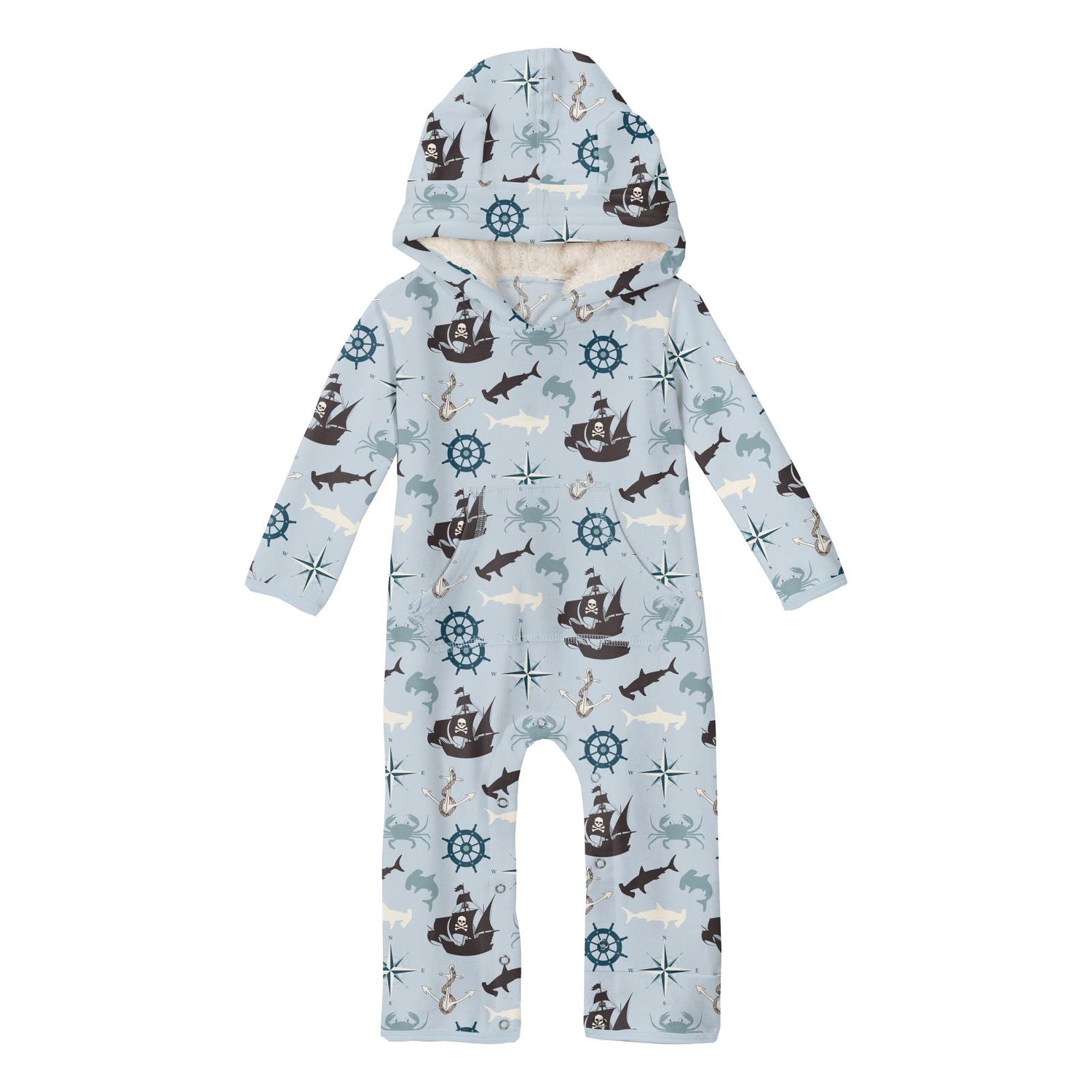 Print Fleece Coverall with Ears and Kangaroo Pocket in Illusion Blue Pirate Adventure