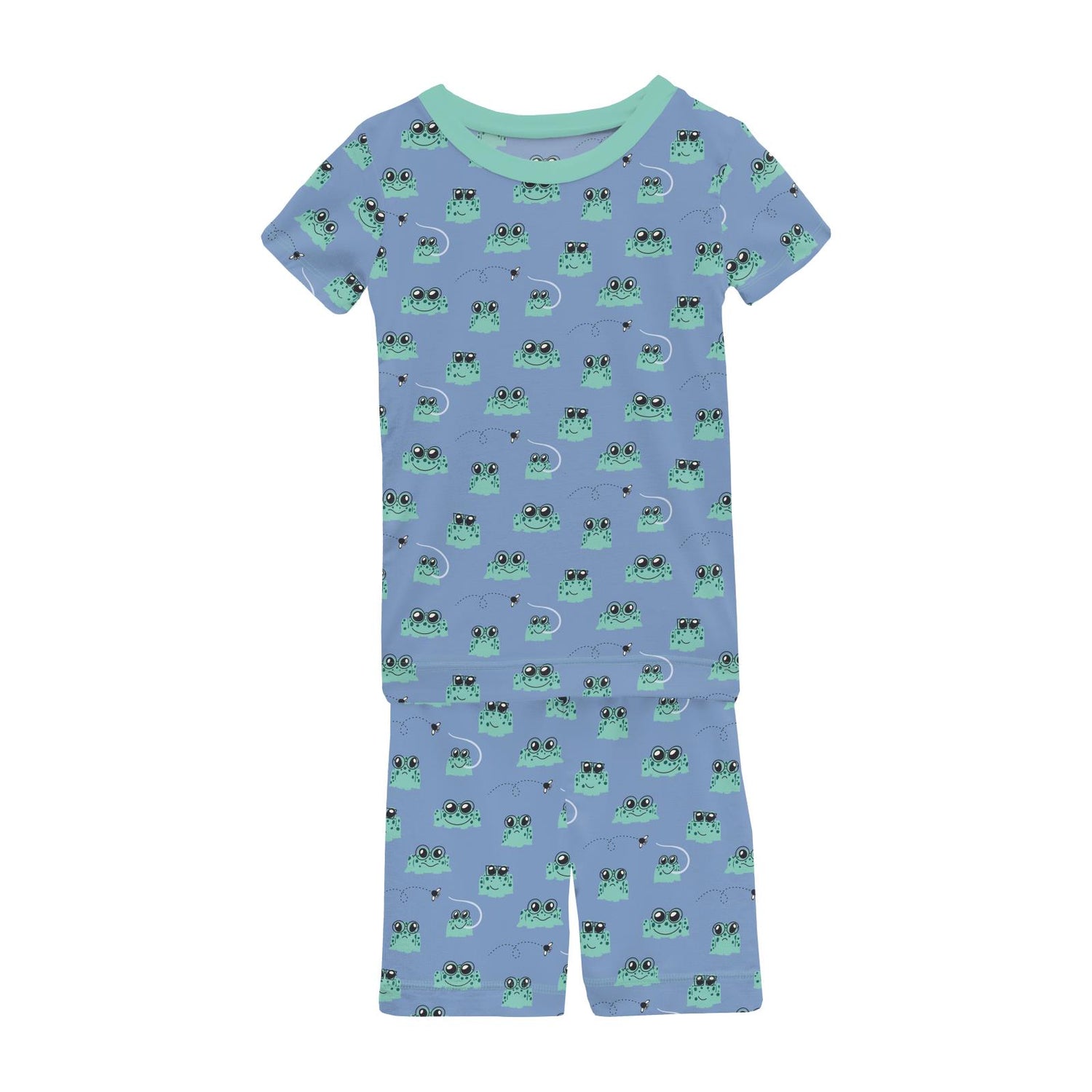 Print Short Sleeve Pajama Set with Shorts in Dream Blue Bespeckled Frogs