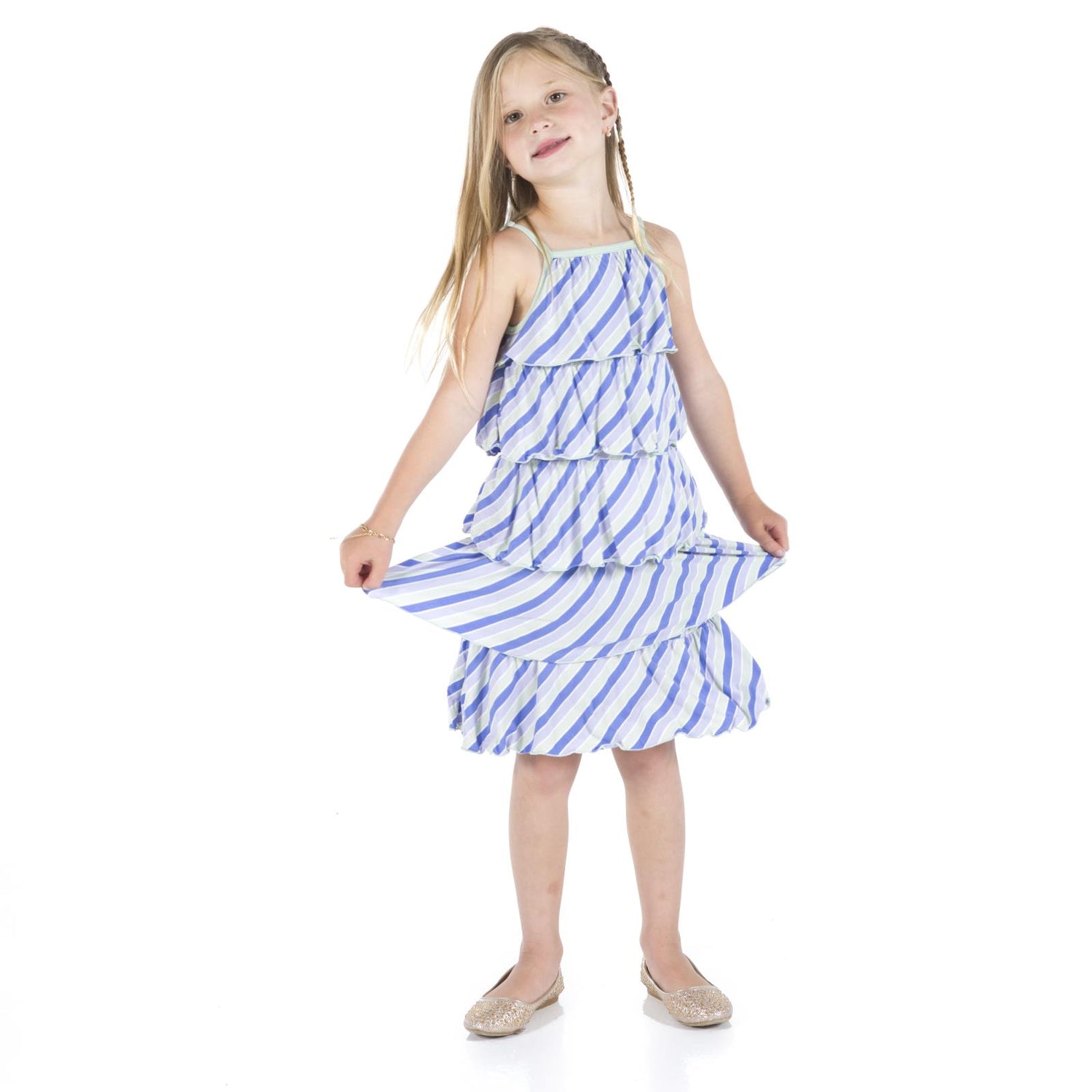 Print Tiered Ruffle Dress in Girl Tropical Stripe