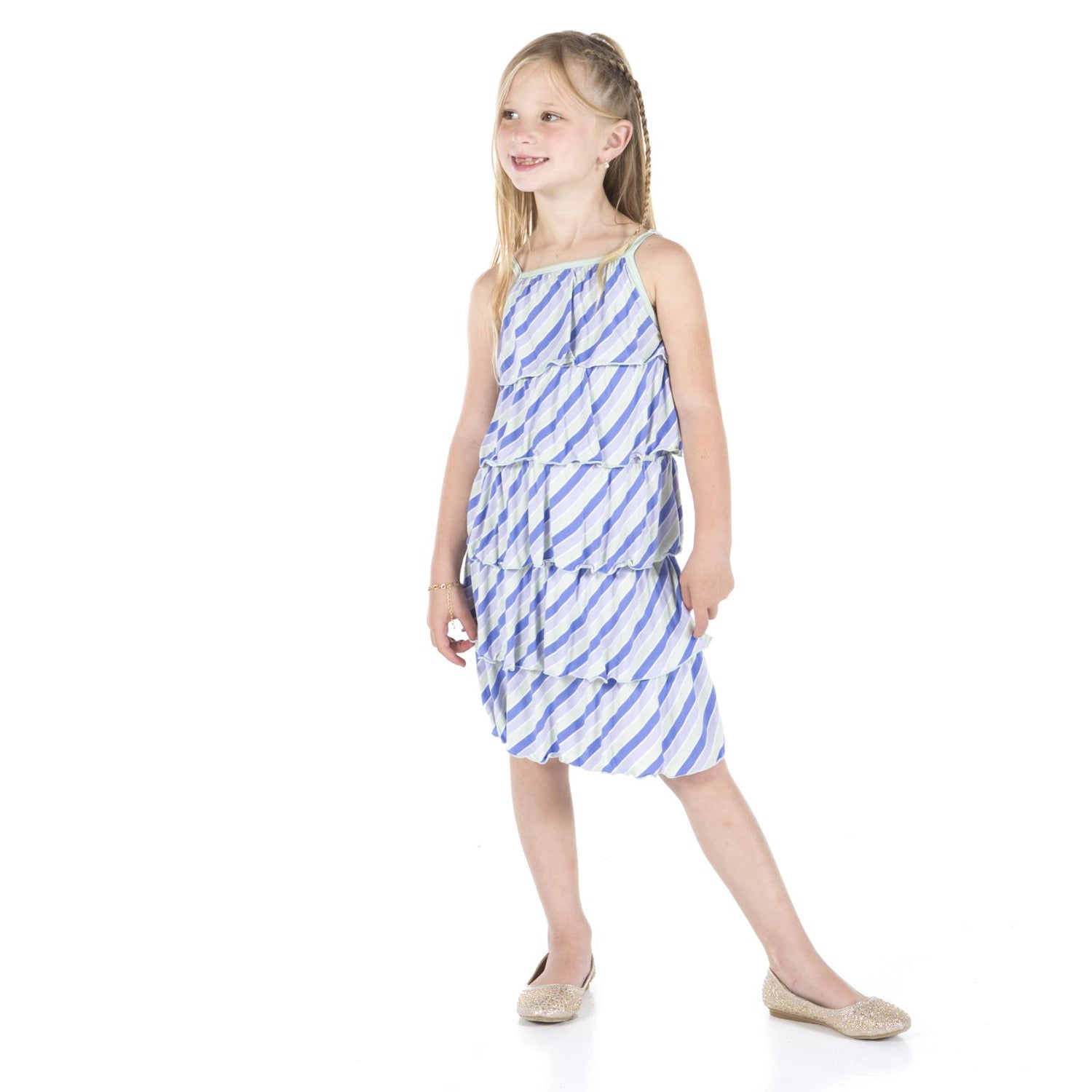 Print Tiered Ruffle Dress in Girl Tropical Stripe