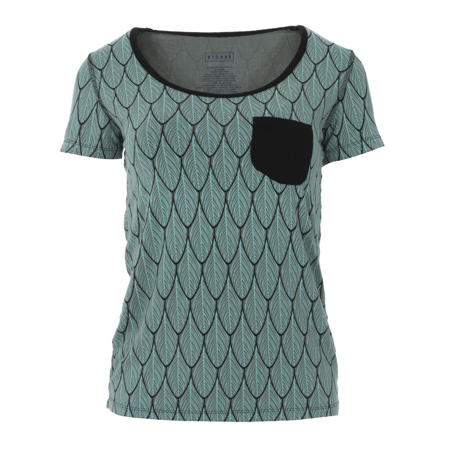 Women's Print Short Sleeve Scoop Neck Tee with Tiny Pocket in Midnight Feathers