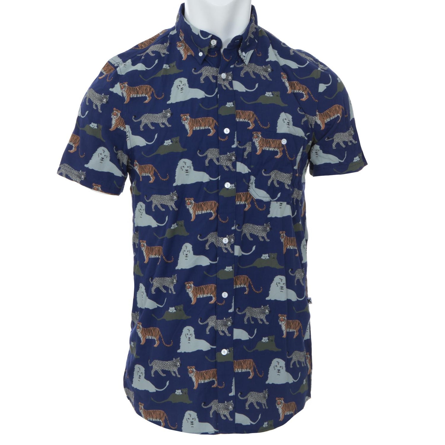 Men's Print Short Sleeve Woven Button Down Shirt in Flag Blue Big Cats