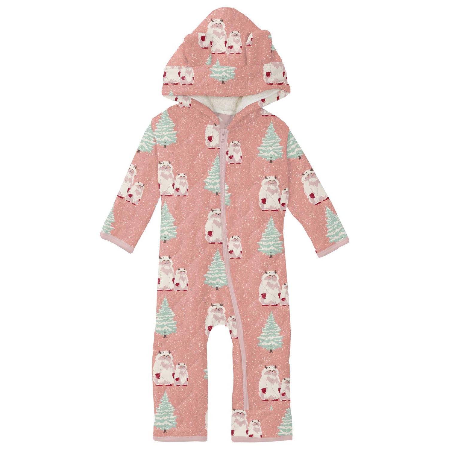 Print Quilted Hoodie Coverall with Sherpa-Lined Hood and Zipper in Blush Yeti/Baby Rose Peppermints