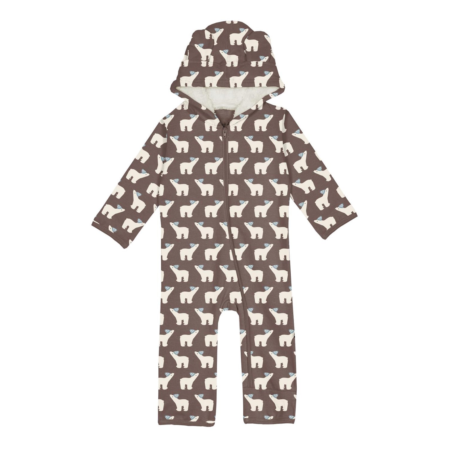 Print Fleece Zip-up Coverall with Sherpa-lined Hood & Ears in Coffee Polar Bears