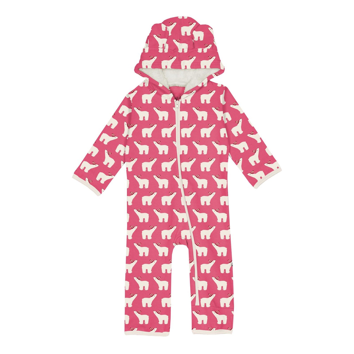 Print Fleece Zip-up Coverall with Sherpa-lined Hood & Ears in Winter Rose Polar Bears