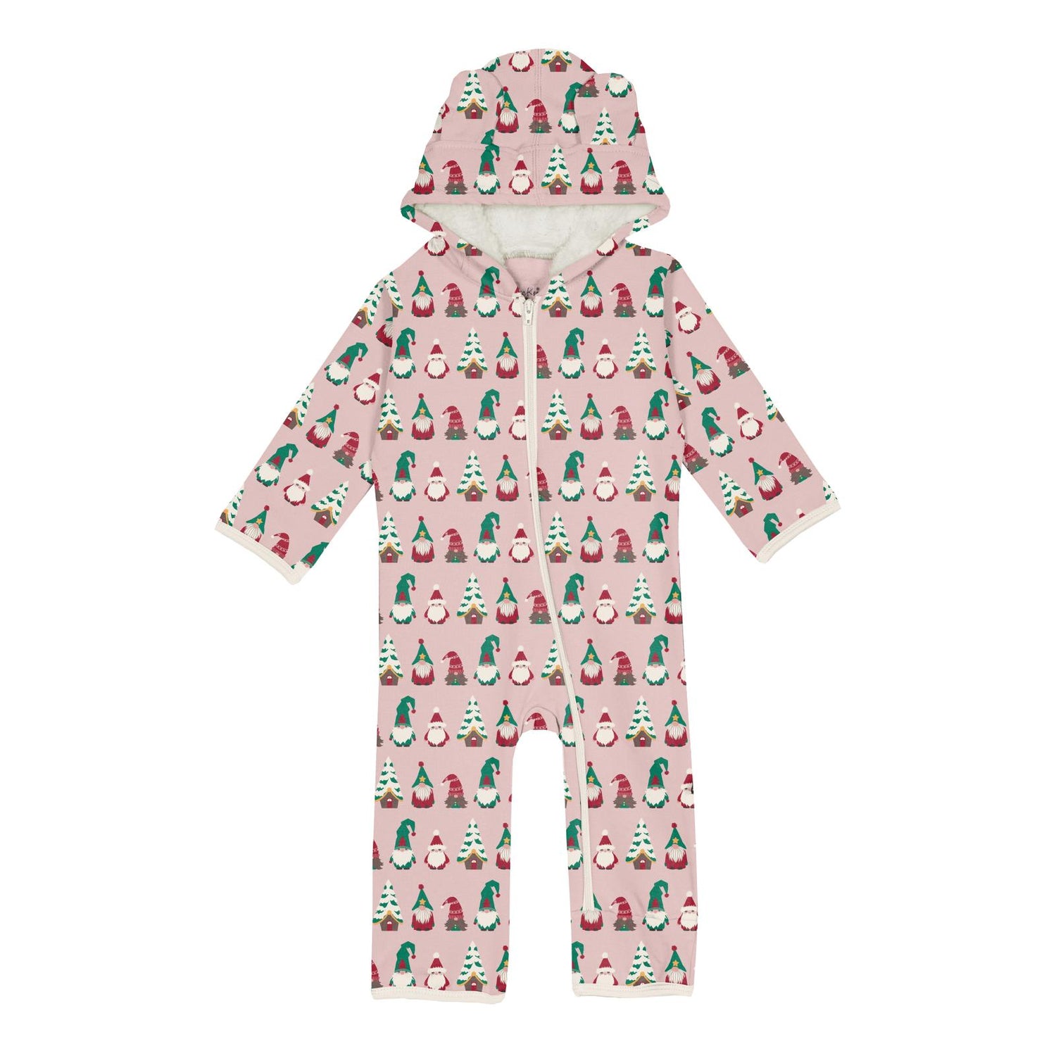 Print Fleece Zip-up Coverall with Sherpa-lined Hood & Ears in Baby Rose Gnomes