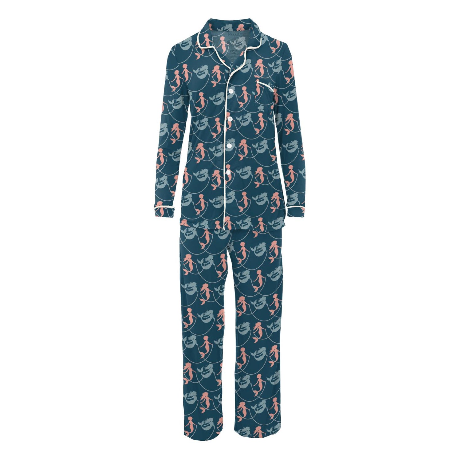 Women's Print Long Sleeve Collared Pajama Set in Peacock Mermaids & Pearls