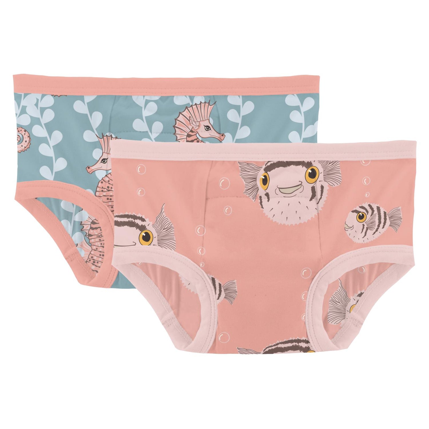 Print Training Pants Set of 2 in Stormy Sea Seahorses & Blush Puffer Family