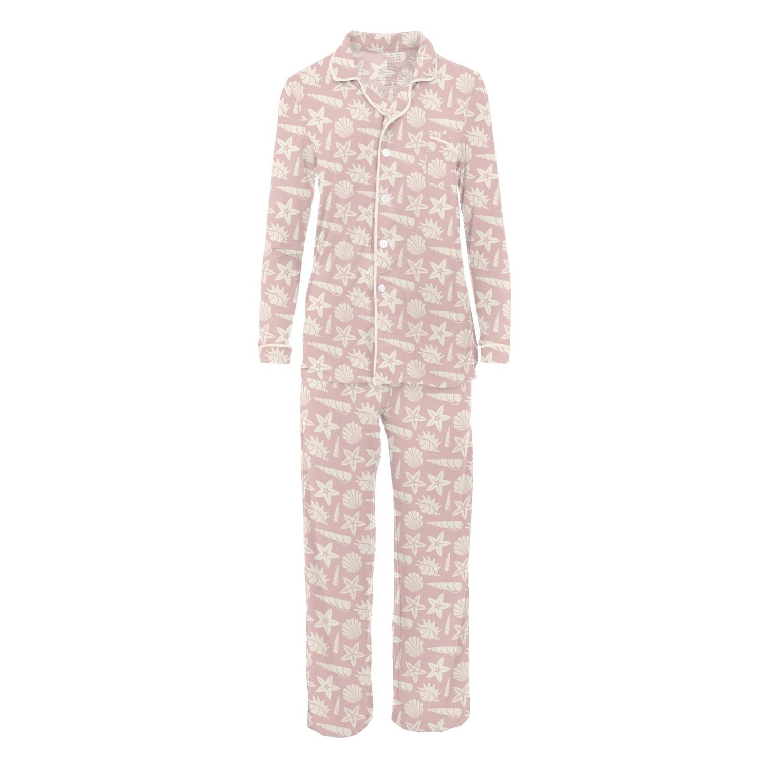 Women's Print Long Sleeve Collared Pajama Set in Baby Rose Shells & Starfish