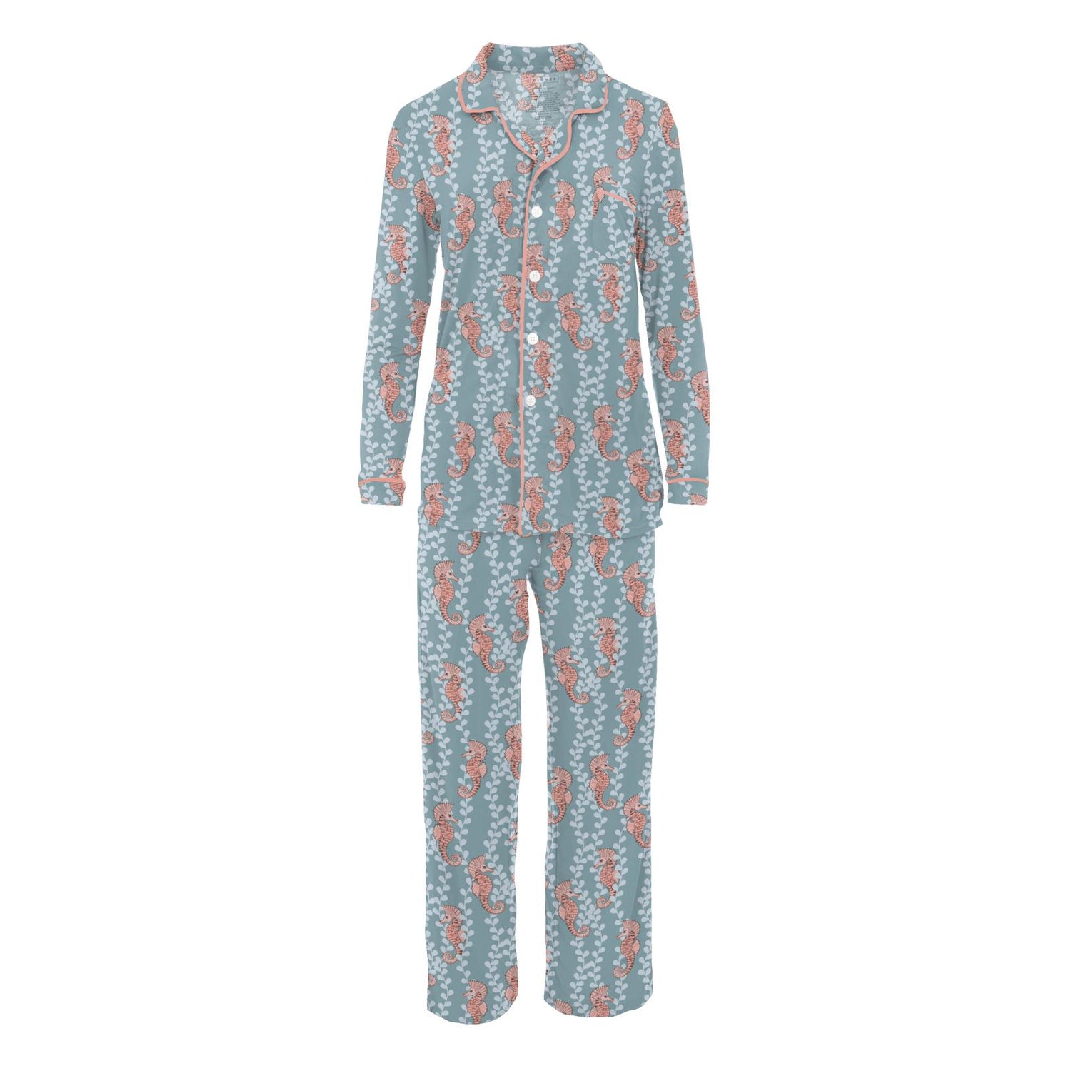 Women's Print Long Sleeve Collared Pajama Set in Stormy Sea Seahorses