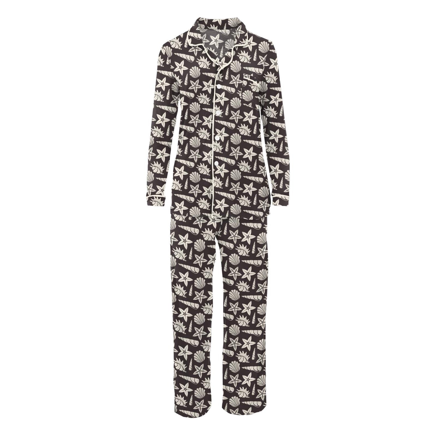 Women's Print Long Sleeve Collared Pajama Set in Midnight Shells & Starfish