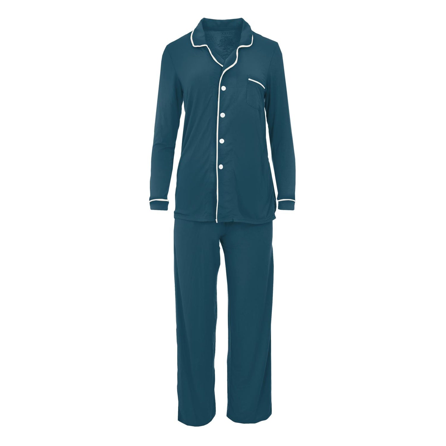 Women's Long Sleeve Collared Pajama Set in Peacock with Natural